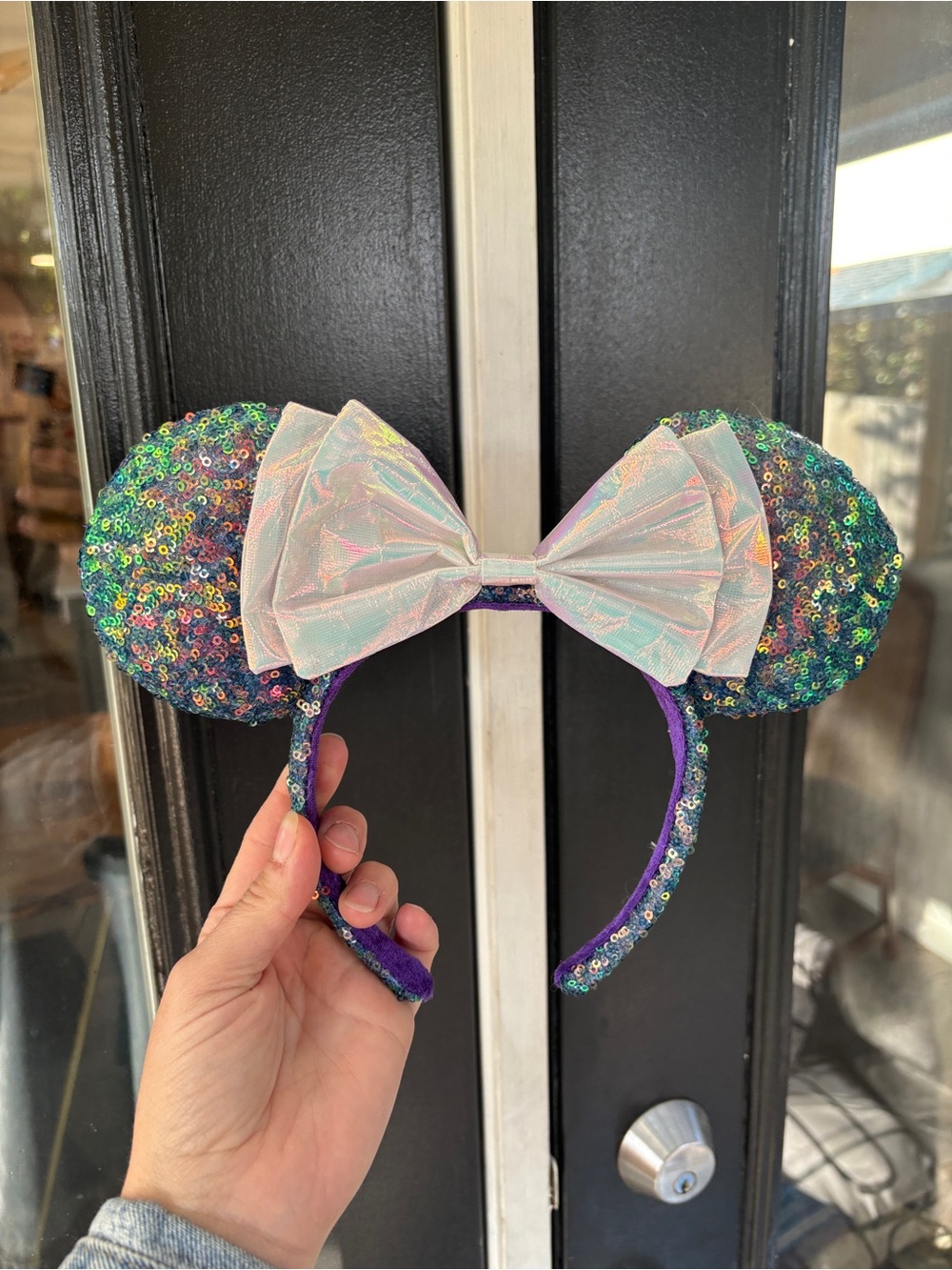 Disney Iridescent Sequin Minnie Ears Headband with White Bow